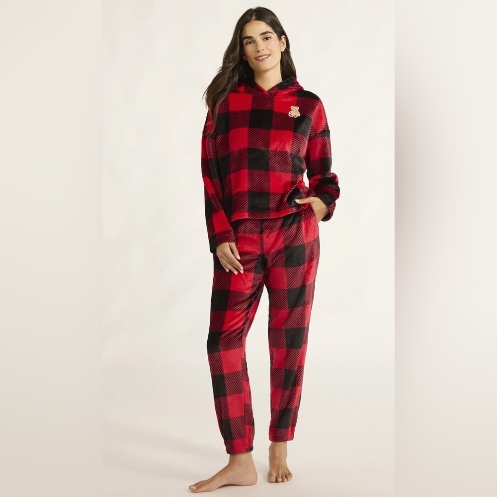 NWT Buffalo Plaid Soft Fleece Pajama Set Cozy Hooded Lounge Cozy Holiday XSmall